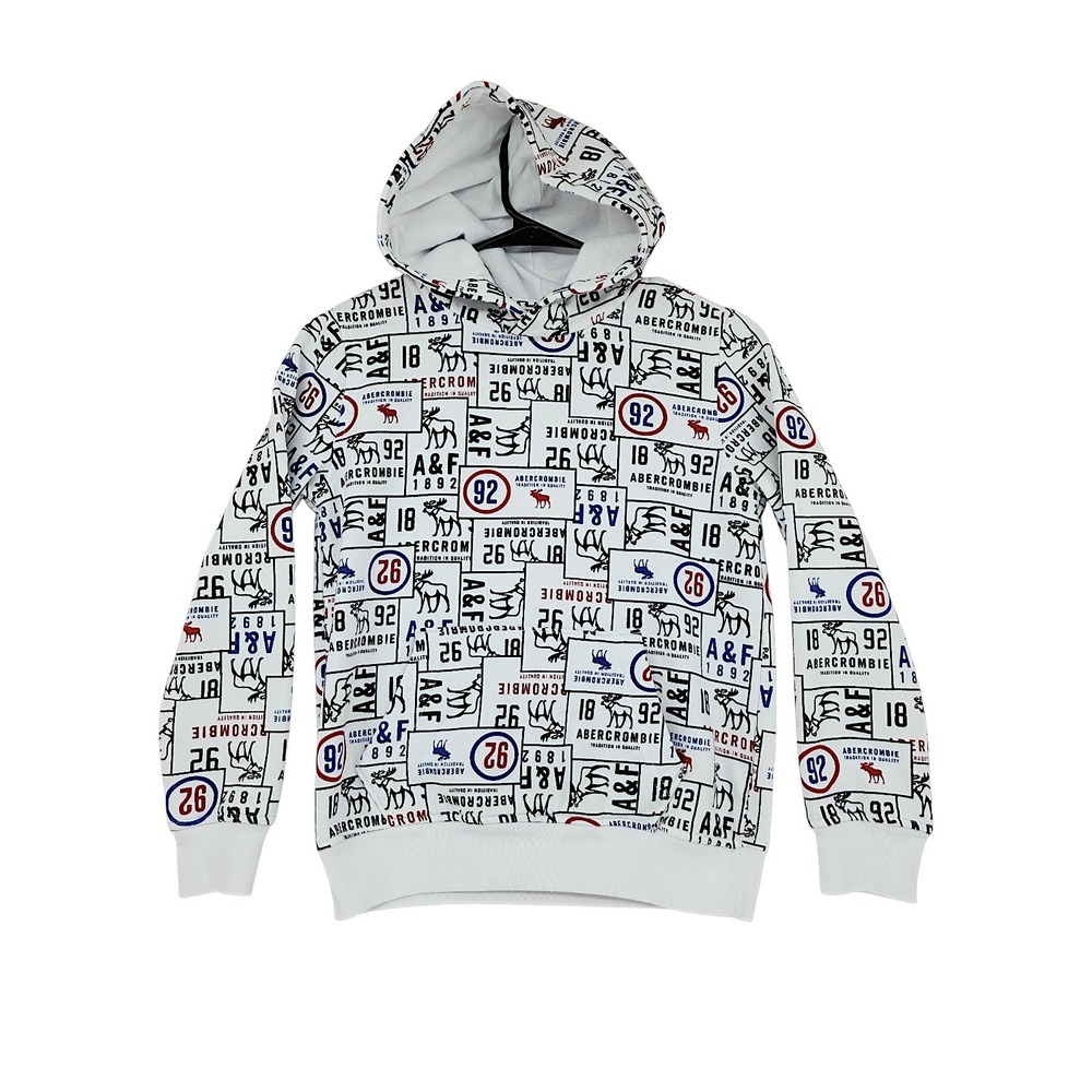 Abercrombie Kids Hoodie 9 10 Kids White Logo AOP Graphic Pullover 1892 A&F Moose
